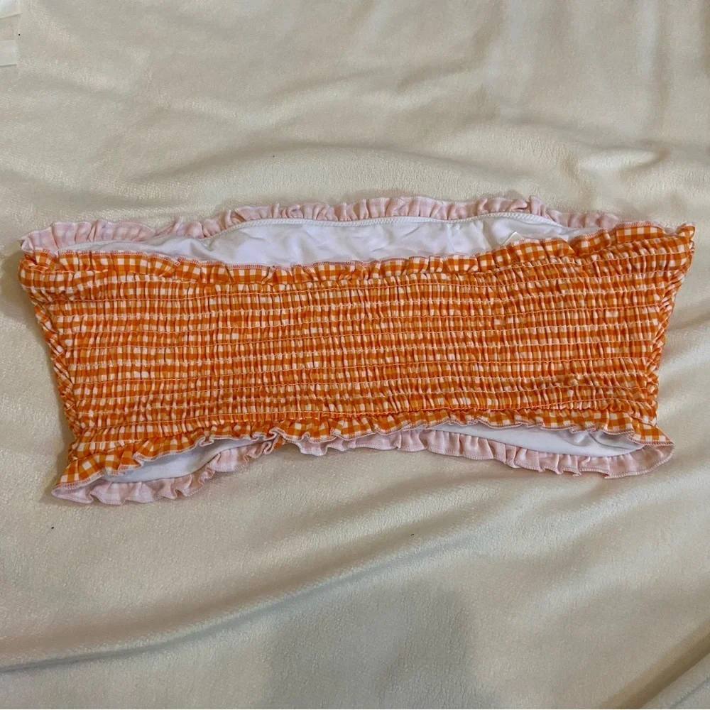 New! Frankie's Bikinis Iris Orange White Gingham Bandeau bikini Top 1577